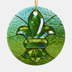 Fleur De Lis Stained Glass Green Ceramic Ornament