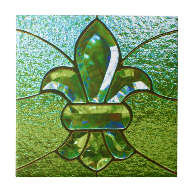 Fleur De Lis Stained Glass Green Ceramic Tile (Front)