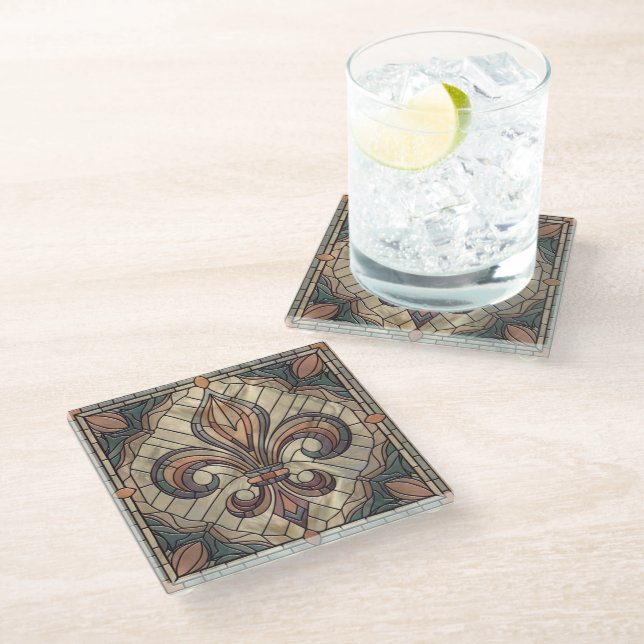 Fleur-de-lis - Stained glass mosaic art Glass Coaster (Angled)