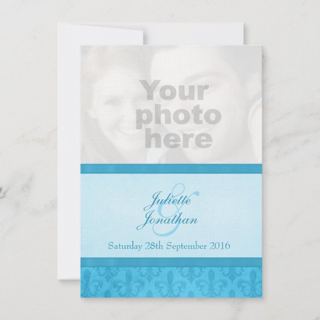 Fleur De Lis style blue photo wedding invitation (Front)