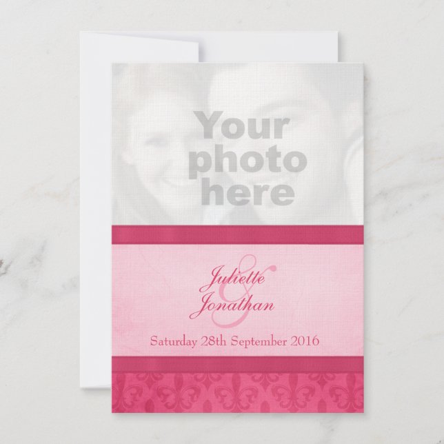 Fleur De Lis style pink photo wedding invitation (Front)