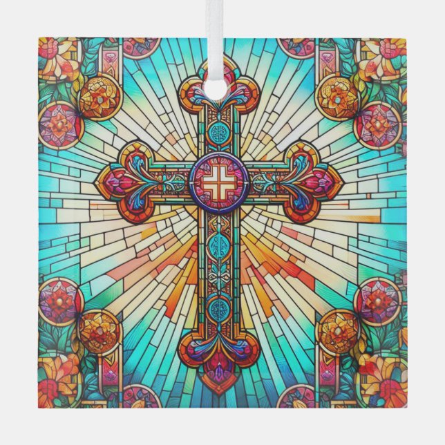Fleur-de-Lis Suncatcher Stained Glass Design Glass Ornament (Front)
