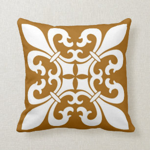 Fleur de lis Symbols in White on Caramel Throw Pillow