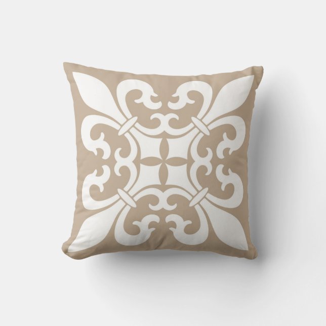 Fleur de Lis Symbols in White on Tan Throw Pillow (Front)