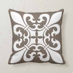Fleur de lis Symbols in White on Taupe Throw Pillow