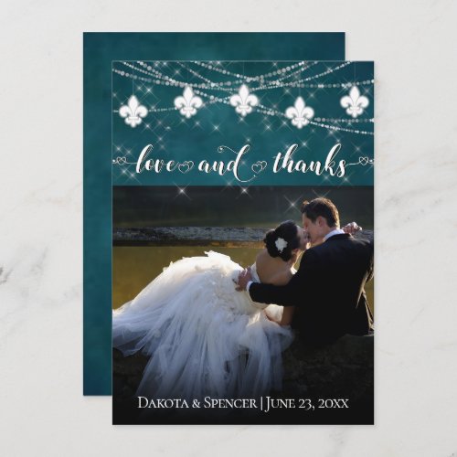 Fleur de Lis Teal Lights  Photo Heart Love and Thank You Card