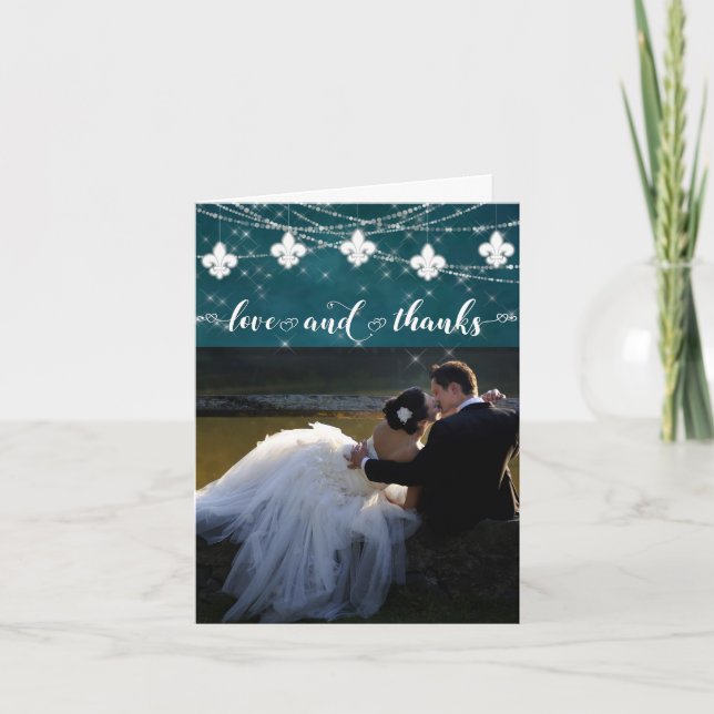 Fleur de Lis Teal Lights | Photo Heart Love and Thank You Card (Front)