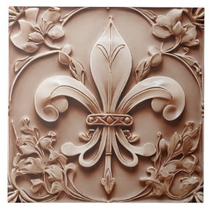 Fleur de Lis Vintage Antique Brown Faux Relief Ceramic Tile