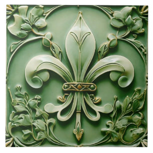 Fleur de Lis Vintage Antique Green Faux Relief Ceramic Tile
