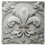 Fleur de Lis Vintage Antique Grey Faux Relief Ceramic Tile<br><div class="desc">"faux carved fleur de lis", "light silver grey carving", "vintage ornate decorative antique", "classic french monochrome decor", "traditional regal decorative flourish", "symmetrical leafy scrollwork symmetry", "neutral gray greyscale medieval", "elegant luxurious castle decor", "intricate historical ceramic art", "fancy luxury royal symbol"</div>