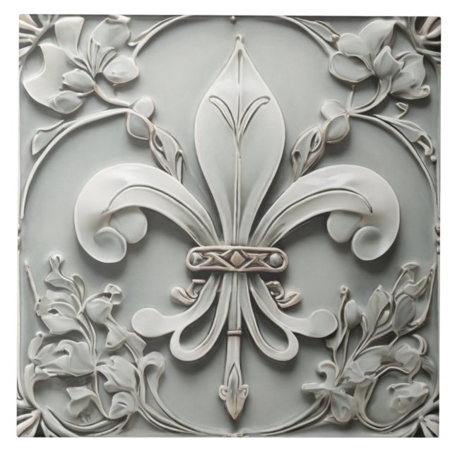 Fleur de Lis Vintage Antique Grey Faux Relief Ceramic Tile (Front)