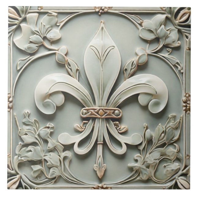 Fleur de Lis Vintage Antique Mint Faux Relief Ceramic Tile (Front)
