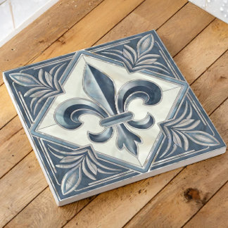 Fleur-De-Lis Vintage Blue Marble and pearl Ceramic Tile