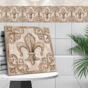 Fleur-De-Lis Vintage Travertine Marble Ceramic Tile