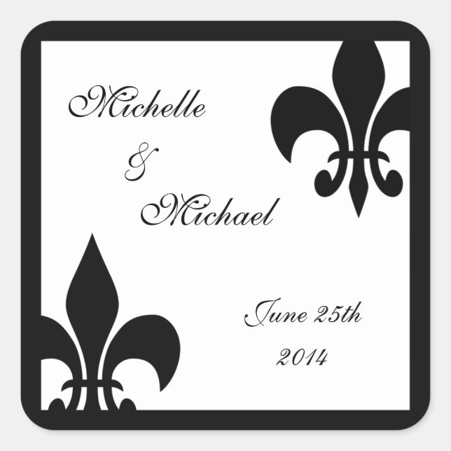 Fleur de Lis Wedding Black White Square Sticker (Front)