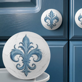 Fleur-De-Lis White and Blue Marble Ceramic Knob