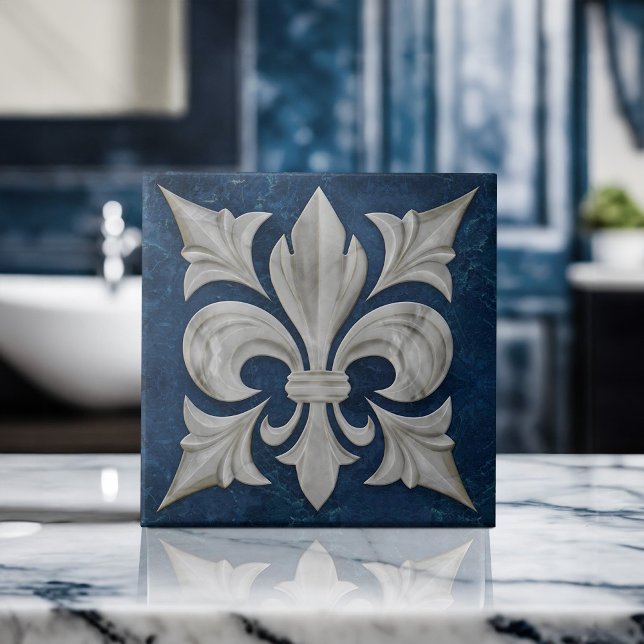 Fleur-De-Lis White and Blue Marble  Ceramic Tile (Creator Uploaded)