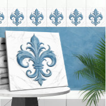 Fleur-De-Lis White and Blue Marble  Ceramic Tile