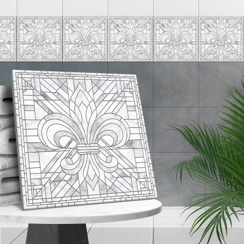 Fleur_de_lis _ White Marble mosaic art Ceramic Tile