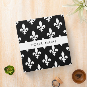Fleur de Lis, White on Black, White, Your Name 3 Ring Binder