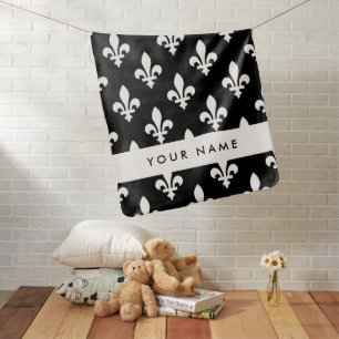 Fleur de Lis, White on Black, White, Your Name Baby Blanket