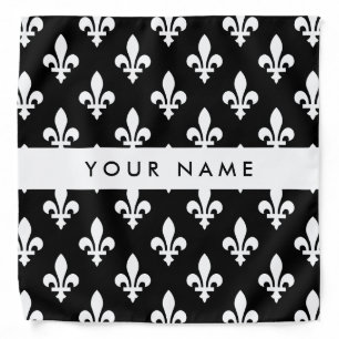 Fleur de Lis, White on Black, White, Your Name Bandana