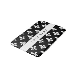 Fleur de Lis, White on Black, White, Your Name Bath Mat