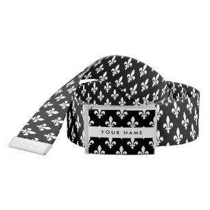 Fleur de Lis, White on Black, White, Your Name Belt