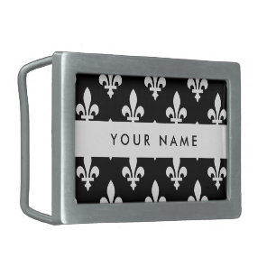Fleur de Lis, White on Black, White, Your Name Belt Buckle