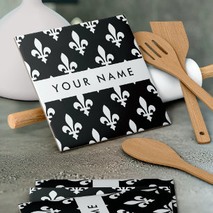 Fleur de Lis, White on Black, White, Your Name Ceramic Tile