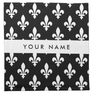 Fleur de Lis, White on Black, White, Your Name Cloth Napkin