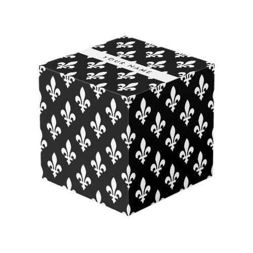 Fleur de Lis, White on Black, White, Your Name Cube