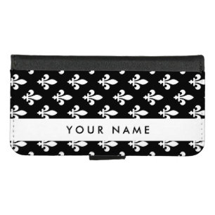 Fleur de Lis, White on Black, White, Your Name iPhone 8/7 Wallet Case