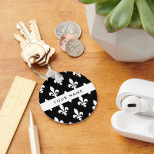 Fleur de Lis, White on Black, White, Your Name Keychain