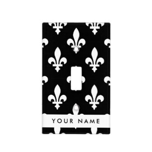 Fleur de Lis, White on Black, White, Your Name Light Switch Cover
