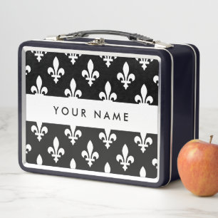 Fleur de Lis, White on Black, White, Your Name Metal Lunch Box