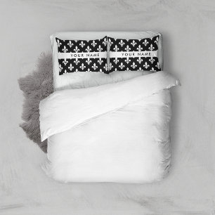 Fleur de Lis, White on Black, White, Your Name Pillow Case