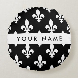 Fleur de Lis, White on Black, White, Your Name Round Pillow