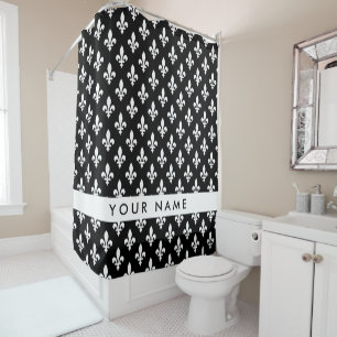 Fleur de Lis, White on Black, White, Your Name Shower Curtain