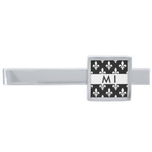 Fleur de Lis, White on Black, White, Your Name Silver Finish Tie Bar