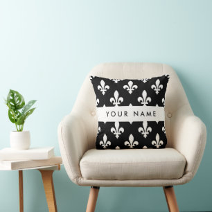 Fleur de Lis, White on Black, White, Your Name Throw Pillow