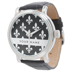 Fleur de Lis, White on Black, White, Your Name Watch
