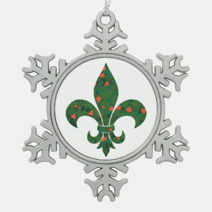 Fleur de Lis with Holly and  Berries on Snowflake Pewter Christmas Ornament