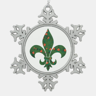 Fleur de Lis with Holly and Berries on Snowflake Pewter Christmas Ornament