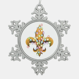 Fleur de Lis with Lights on Snowflake Pewter Christmas Ornament