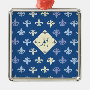 Fleur de Lis with monogram square Metal Ornament