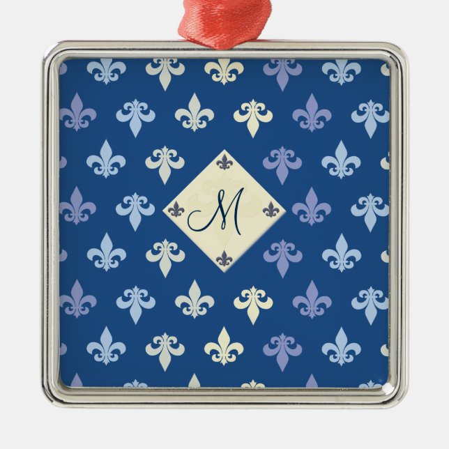 Fleur de Lis with monogram square Metal Ornament (Front)