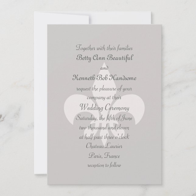 Fleur de Lise Wedding Invitation in Smokey Grays (Front)