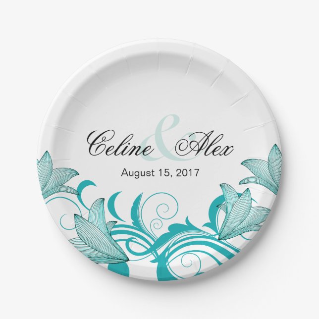 Fleur de Lyrica Floral Wedding | teal Paper Plates (Front)