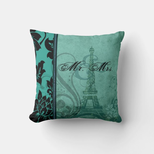 Fleur de Paris | teal Mr. & Mrs. Throw Pillow (Front)